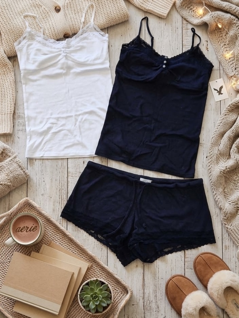 aerie Lace Trim Cami & Shorts Set - Black and White